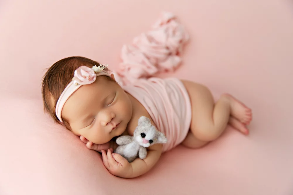 Image of photo of newborn baby on pink blanket with little cat