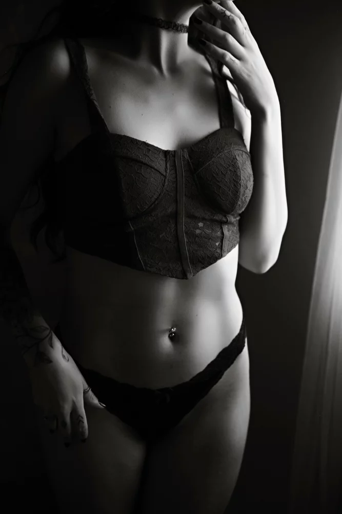 Image of close up image of a woman's stomach wearing a bra and pantie